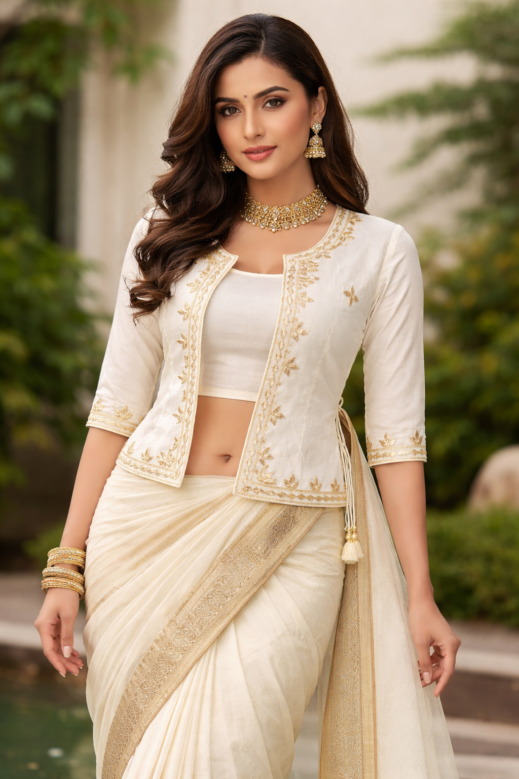 Shehzadi Handwork Ethnic Saree Jacket | Women’s Embroidered Ethnic Jacket for Saree – Ivory Gold Handwork Festive Party Wear Designer Layer