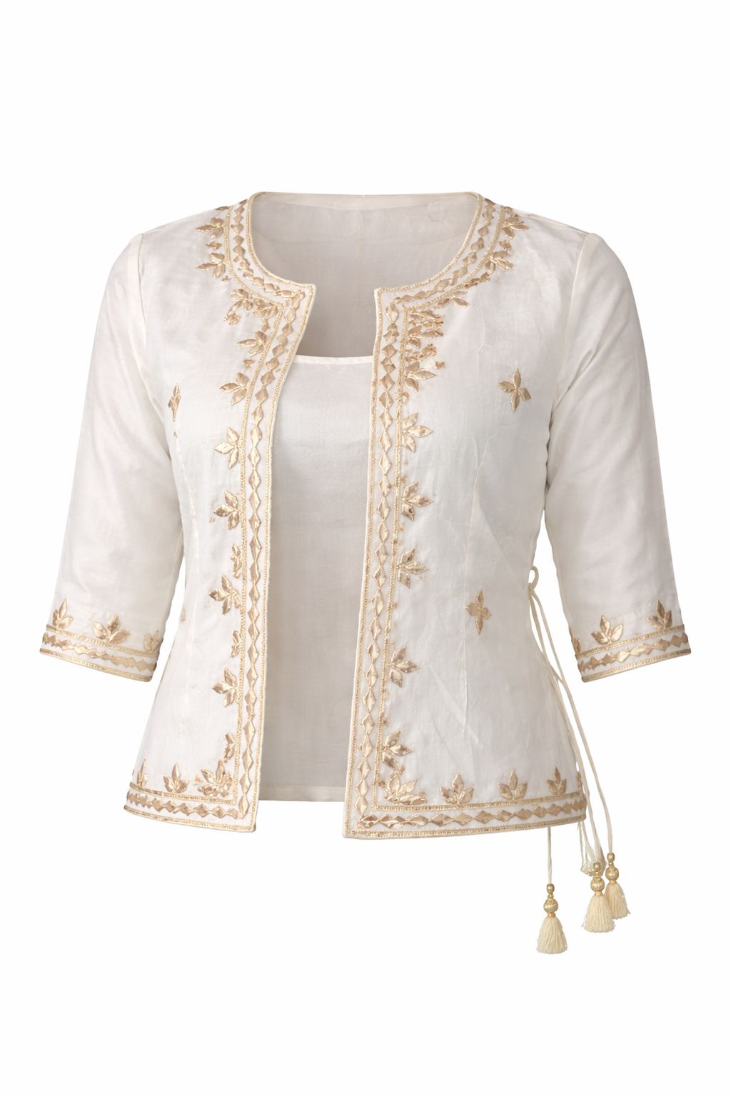 Shehzadi Handwork Ethnic Saree Jacket | Women’s Embroidered Ethnic Jacket for Saree – Ivory Gold Handwork Festive Party Wear Designer Layer